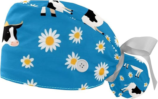 2 PCS Bouffant Cap with Button Ponytail Pouch Working Cap Sweatband Adjustable Surgical Cap Black and White Cow