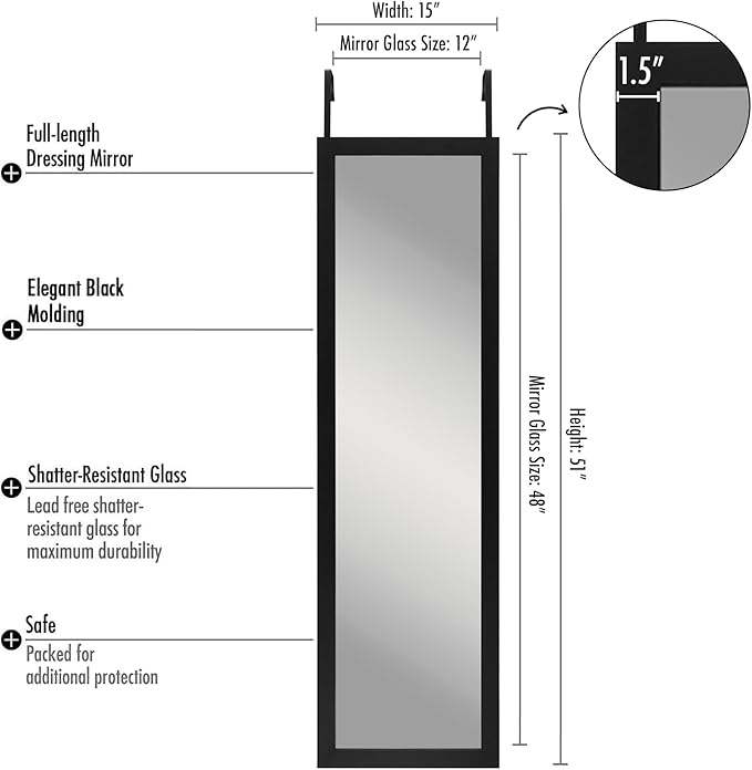 Americanflat 12x48 Over The Door Mirror - Hanging Full Length Mirrors with Engineered Wood - Modern Mirror for Bathroom, Bedroom, Living Room - Mirrors for Wall Display and Home Decor - Black