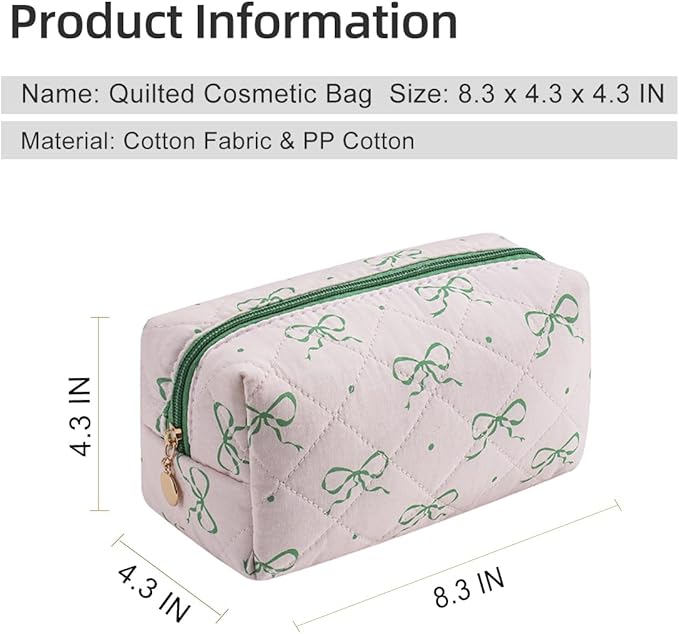Gleyemor Small Quilted Makeup Bag for Women, Cute Floral Bow Cosmetic Bag, Emergency Bag Travel Toiletry Cotton Pouch Gifts for Girls Her Mom Friend Sister Bridesmaid (Pink&Green Bow)