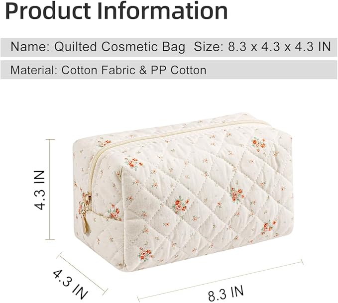 Gleyemor Small Quilted Makeup Bag for Women, Cute Floral Bow Cosmetic Bag, Emergency Bag Travel Toiletry Cotton Pouch Gifts for Girls Her Mom Friend Sister Bridesmaid (White Floral)