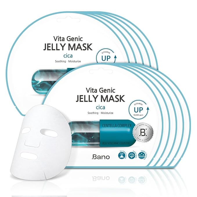 Bano Vita Genic Jelly Face CICA Mask 10EA – Soothing & Hydrating Sheet Mask for Sensitive Skin, Korean Glass Skin Care with Centella, Vitamin C, Biotin & Niacinamide, Fragrance-Free