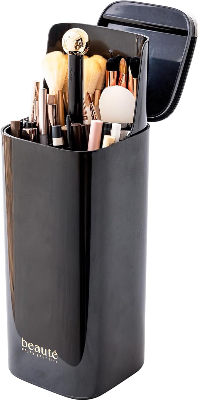 Makeup Brush Holder with Lid Cosmetic Tools Organizer（Black）