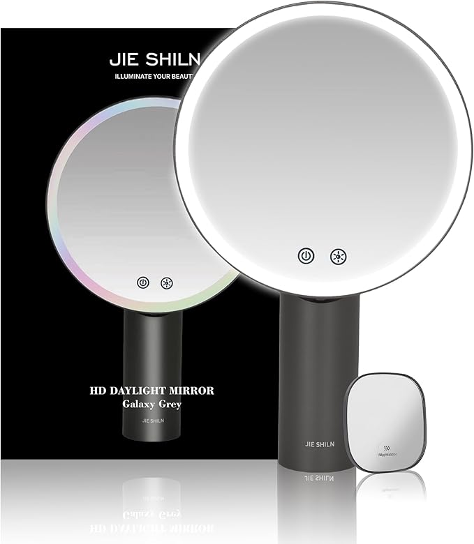 8.9" Vanity Mirror with Lights,Makeup Mirror with 3 LED Colors,5X Magnifying Mirror,Rechargeable & Brightness Adjustable,Touch Screen,Portable LED Mirror Gifts for Girls