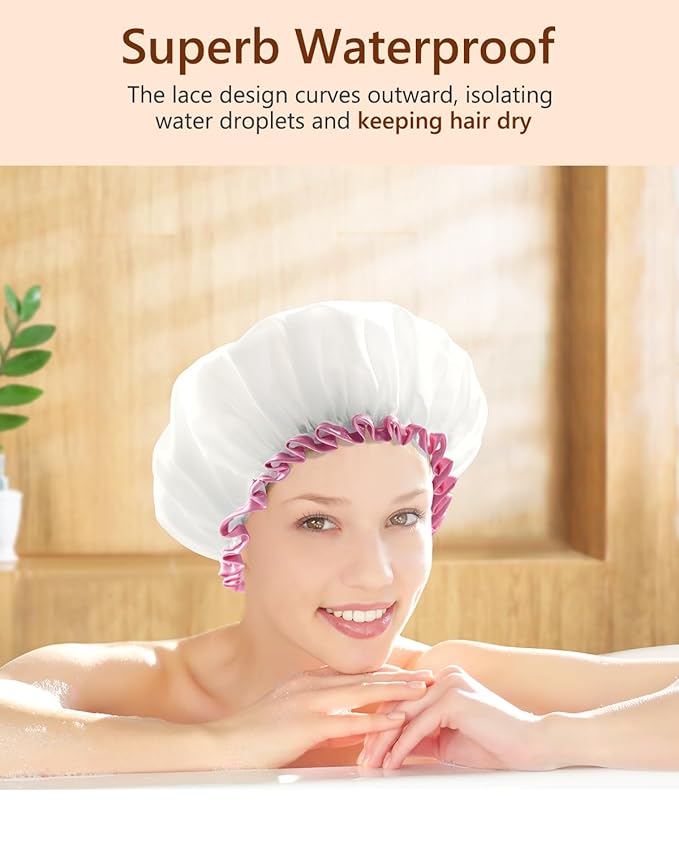 mikimini White Shower Cap Waterproof Reusable, Double Layers Bathing Hair Cap with Soft Comfortable PEVA Lining, Cute, Non-fading & Stretchy Shower Hat Medium (Pack of 1) White