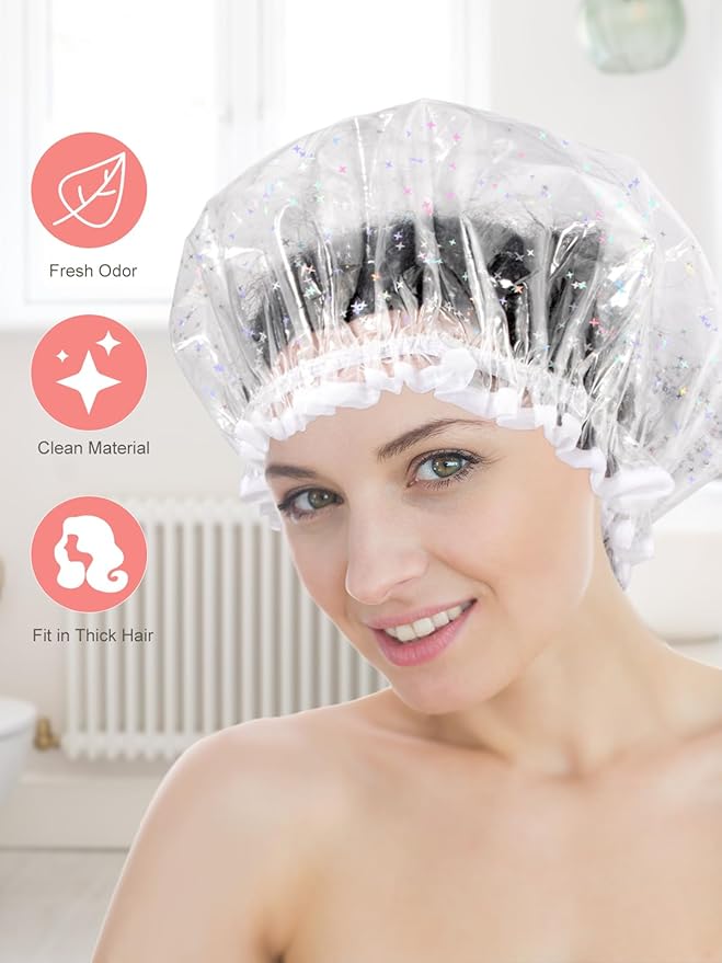 Auban Luxury Shower Cap Reusable Waterproof for Women Sequin Lined Hair Cap for Shower Plastic Cap for Long Hair Large Double Layer Bath Cap Travel Essential & Cleaning Supplies