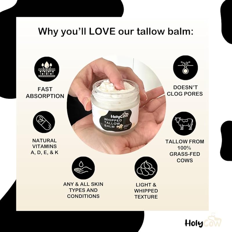 Beef Tallow For Skin - Whipped Tallow Balm with Organic Jojoba Oil, Grass Fed Beef Tallow Face Moisturizer for Eczema, Baby, Lip Balm - Lotion For Extremely Dry Skin (Vanilla Bean)