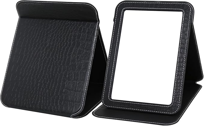 Black Foldable Desk Mirror, 6.5×8.9” Adjustable Angle Rounded Rectangle PU Edge Covering Travel Mirror with Stand (LBlack)