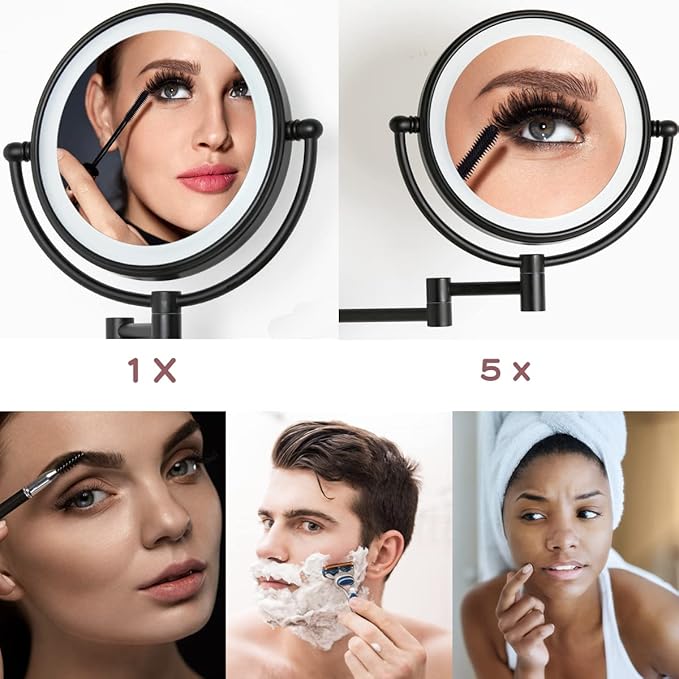 8" Brass Wall Mounted Lighted Makeup Vanity Mirror with Magnification, 1X/5X Double Sided Bathroom Magnifying Mirrorwith with Dimmable LED Lights, Matt Black, Plug Powered