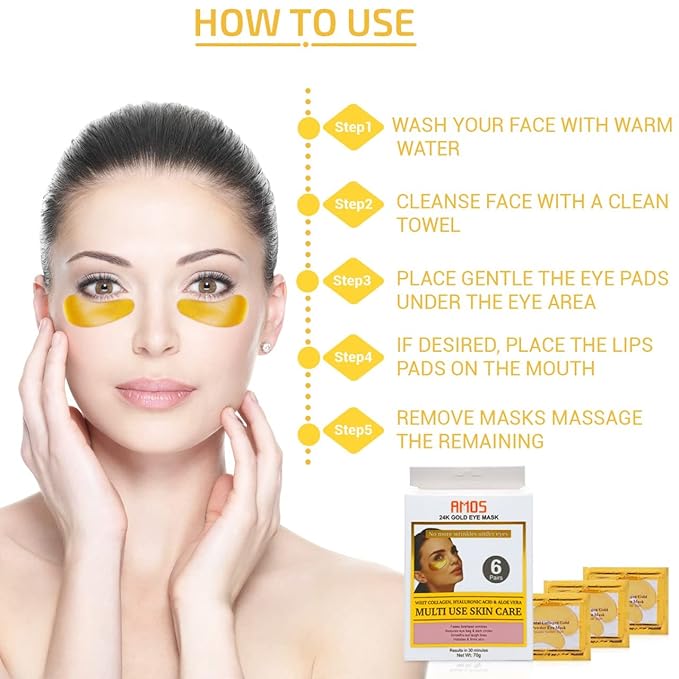 24K Gold Eye Masks for Dark Circles and Puffiness (6 Pairs) with Collagen, Aloe Vera & Hyaluronic Acid-Anti-Aging Under Eye Patches for Dark Circles and Puffiness-Reduce Wrinkles