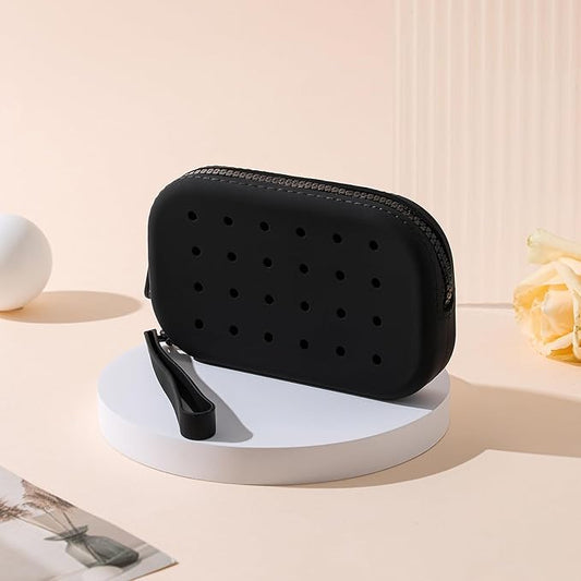 Portable Silicone Makeup Bag for Women, Small Travel Toiletry Cosmetic Bag with Decorative Holes, Zipper Closure Organizer Makeup Case with Handle (Black)