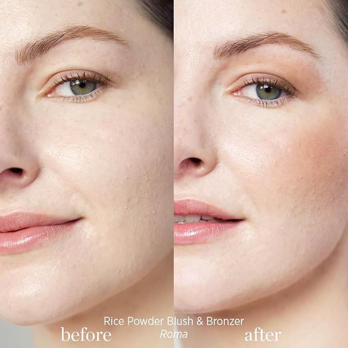 Ere Perez - Natural Rice Powder Blush + Bronzer Duo | Buildable, Breathable, Oil Absorbing, Medium Coverage | Vitamin E, Chamomile | Vegan, Cruelty-Free, Clean Beauty (Roma)