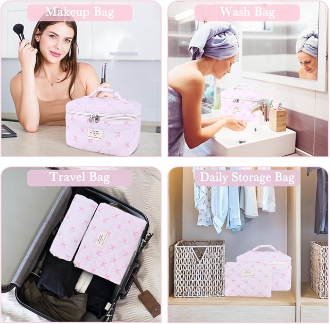 3Pcs Cotton Quilted Makeup Bag Set,Large Floral Cosmetic Bag,Aesthetic Toiletry Travel Makeup Bag Set and Cute Flower Bag for Women Girls (Pink Bow)