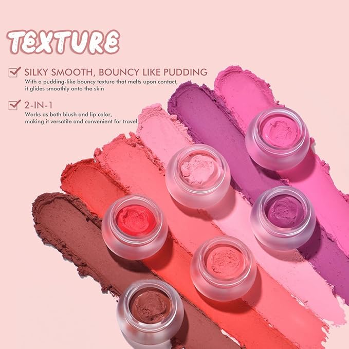 Pudding Pot for Lip and Cheek,Soft Matte Blush Blurry Makeup Lipstick Multi-Use Natural Glow Face Blush Buildable Lip Tint High Pigment Long-Lasting (04#+06#)