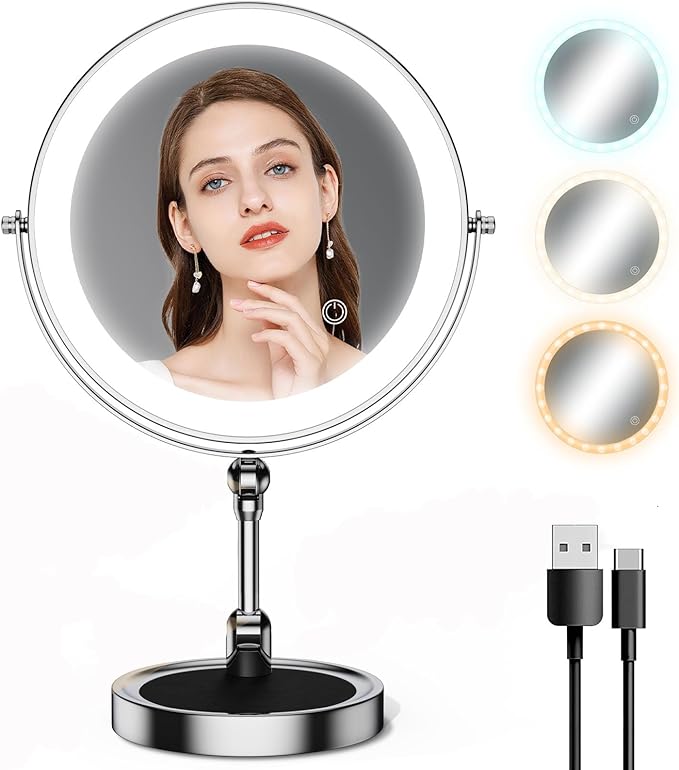 Makeup Mirror with Lights[Brightness Enhanced Version], Real 2000mah Rechargeable Double Sided 10x Magnifying Mirror with 3 Colors Table Vanity Mirror with Adjustable Height and Stand,Chrome