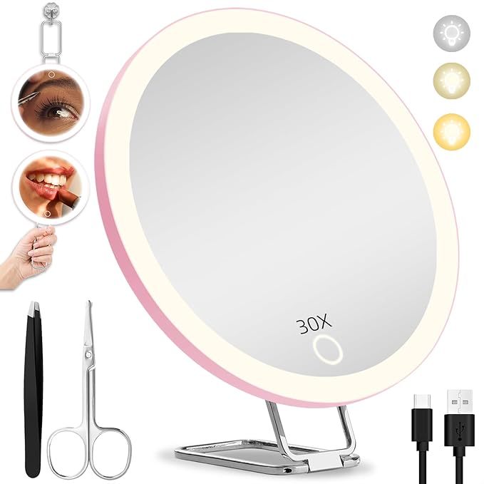 30X Magnifying Mirror with Lights, 6inch Makeup Magnified Mirror 30X Lighted Travel Magnification with 3 Suction Cups and 360° Adjustable Stand- Includes Tweezers & Scissors