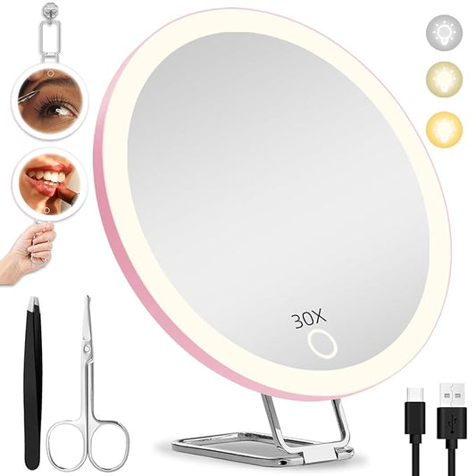 30X Magnifying Mirror with Lights, 6inch Makeup Magnified Mirror 30X Lighted Travel Magnification with 3 Suction Cups and 360° Adjustable Stand- Includes Tweezers & Scissors
