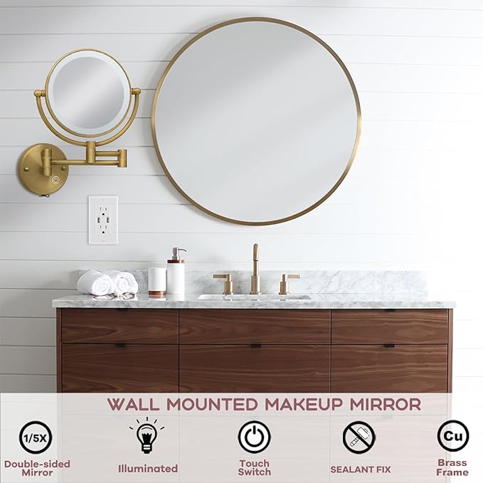 Brass Wall Mounted Makeup Mirror with Lights and Magnification, Rechargeable Lighted Magnifying Mirror Wall Mount with 1X and 5X, Brushed Antique Brass Bathroom Arts Ware