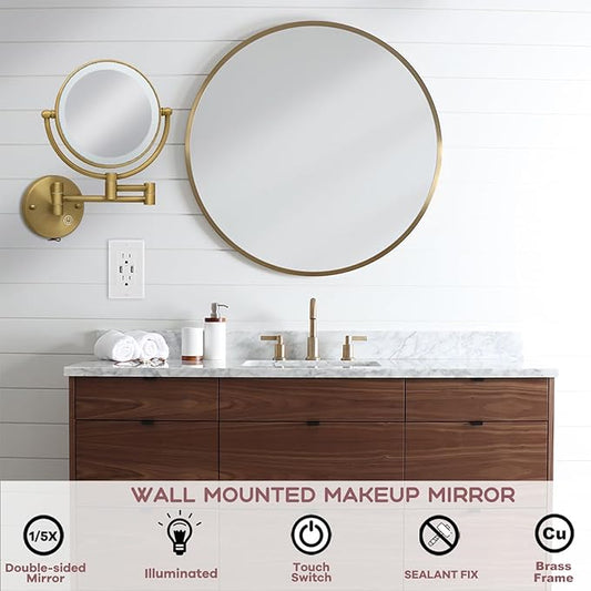 Brass Wall Mounted Makeup Mirror with Lights and Magnification, Rechargeable Lighted Magnifying Mirror Wall Mount with 1X and 5X, Brushed Antique Brass Bathroom Arts Ware