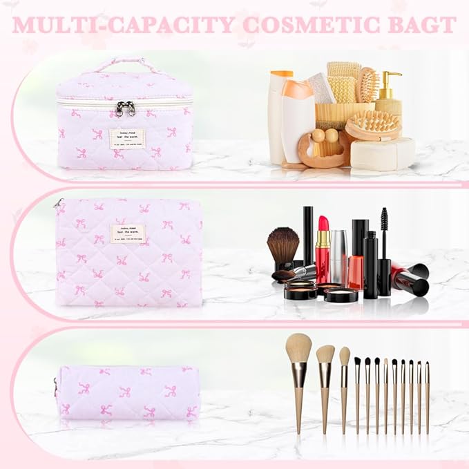 3Pcs Cotton Quilted Makeup Bag Set,Large Floral Cosmetic Bag,Aesthetic Toiletry Travel Makeup Bag Set and Cute Flower Bag for Women Girls (Pink Bow)