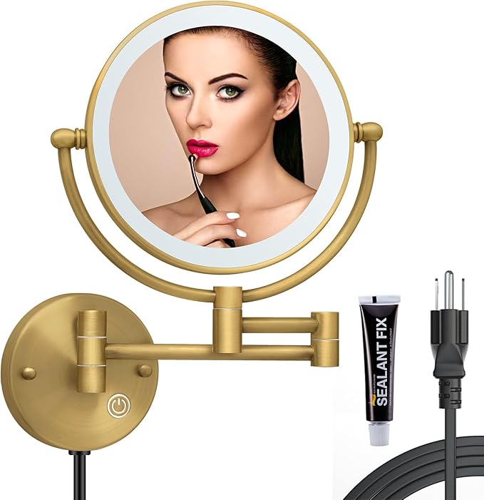 8" Brass Wall Mount Makeup Mirror with Lights, 1X/5X Double Sided Personal Mirrors for Bathroom with 360 Swivel Extendable, Antique Brass Indoor Arts Ware, Plug Powered