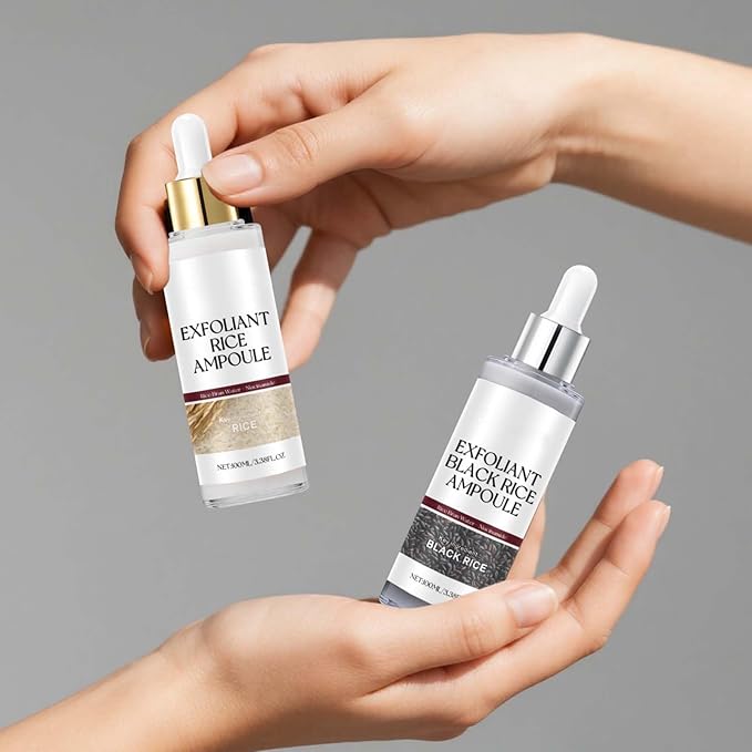 2PCS Rice Exfoliating Ampoule Set - Black & White Rice for Brightening & Glowing Skin, Minimizing Pores, Deep Hydration Treatment