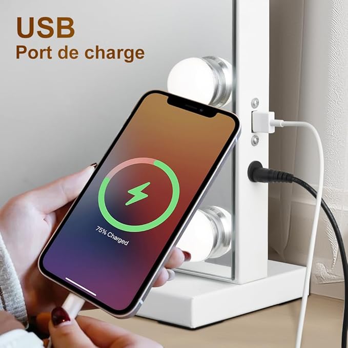 M MIVONDA Vanity Mirror with Lights, Lighted Makeup Hollywood Mirror with Dimmable 3 Color Lights LED Bulbs for Desk and Wall, Mirrors with Plug-in and USB Charger for Bedroom