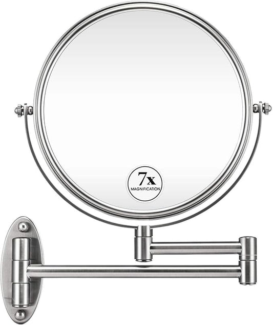 7X Wall Mounted Makeup Mirror - Double Sided Magnifying Makeup Mirror for Bathroom, 8 Inch Extension Polished Chrome Finished Mirror