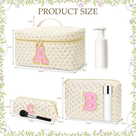 3 PCS Travel Makeup Bag Set, A-Z Initials Cotton Make up Bag Floral Quilted Cosmetic Bag for Girls and Women, Personalized Cute Toiletry Bag Travel Accessories Brushes Bag Flower - S
