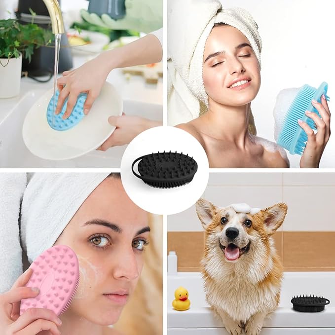 2 in 1 Silicone Body Scrubber Shampoo Brush, Shower Scrubber, Bath Scrubber,Exfoliating Scalp Massager, Loofah Clean Sanitary,Rapid Foaming-3 Pack, Black+blue+pink（new）, PQRUU54635