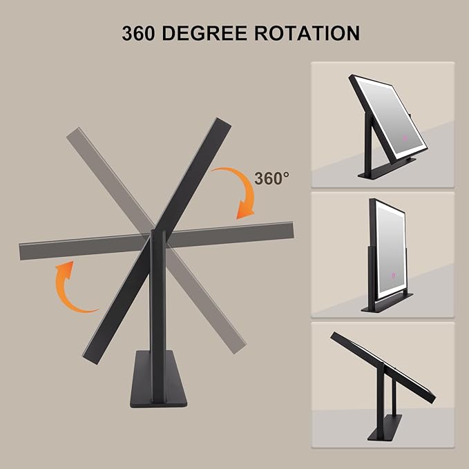 Beelux Vanity Mirror with Lights,16" Makeup Mirror with Light Smart Touch Control Dimmable 3 Modes Lighted LED Mirror 360°Rotation Black