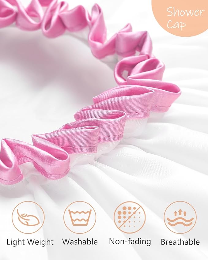 mikimini White Shower Cap Pack of 2 Waterproof Reusable Double Layers Bathing Hair Caps with Soft Comfortable PEVA Lining, Cute, Non-fading & Stretchy Shower Hat Medium White