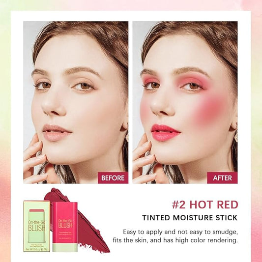 Soft Creamy Blush Stick,On-the-Go Blush,2-in-1 Cheek and Lip Tint,Waterproof Hydrating Solid Natural Moisture Smooth Blendable Matte Finish Face Blush Makeup,02 hot red