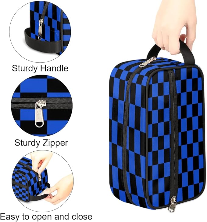 Black Blue Checkerboard Hanging Toiletry Bag,Travel Hygiene Kits for Boys Mens,Waterproof Makeup Carry-on Bags,Cosmetic Bag,TSA Approved Shave Dopp Kit for Toiletries Shower Bathroom Accessories Gifts