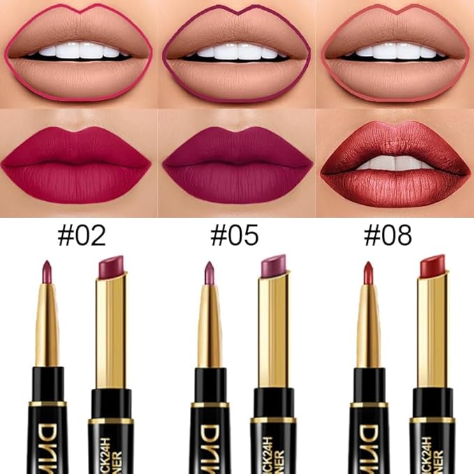 BINGBRUSH 2 IN 1 Lip Liner & Lipstick Makeup Set, Dark Red Matte Metallic Lipliner Set for Black Mature Women Waterproof Long Lasting Gift Set (3Pcs Set03:02#05#08#, 3Pcs)