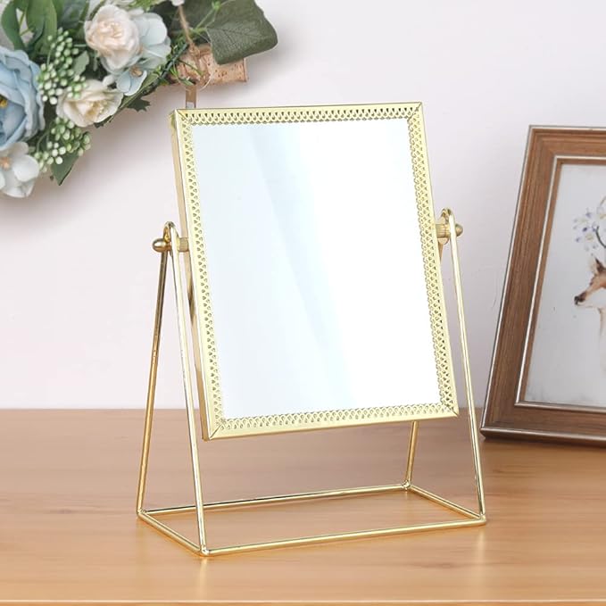 LONGSHENG - SINCE 2001 - Makeup Mirror Single Sided Cosmetic Mirror Rectangle Beauty Mirror Handmade Make Up Mirror for Dresser Vanity Table Desk - Gold