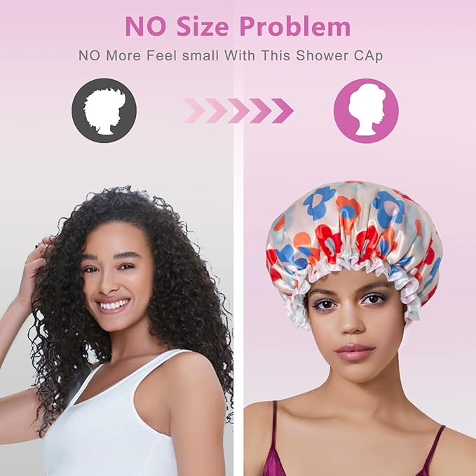 Aquior Large Shower Cap, Shower Cap for Women Reusable Waterproof, Bath Hair Cap for All Hair Lengths,for Ladies, Men and Kids (Flower)