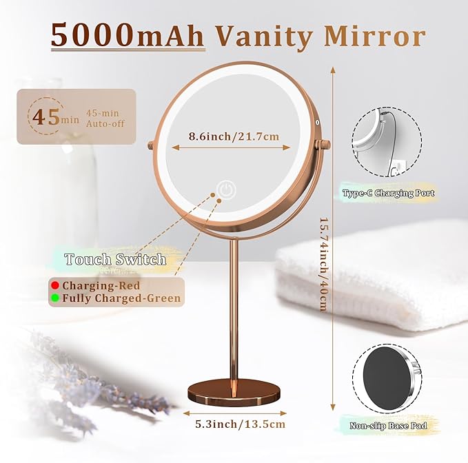 9in Vanity Mirror with Lights, Rechargeable&Dimming Lighted Makeup Mirror, 3X/20X Double Sided Magnifying Mirror,5000mAh,360 Rotate,3 Color Lights,Brightness with 80 LED,No Height Adjustment,RoseGold