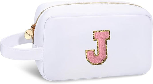 Aveniee Monogram Makeup Bag for Women,Personalized Travel Makeup Bag With Handle,Preppy Cosmetic Organizer Makeup Brush Bag,Birthday Gifts for Teen Girls Mom Wife-White J