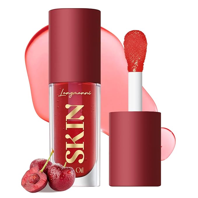 2Pack Big Brush Head Hydrating Lip Glow Oil Plumping Lip Tint, Hydrating Lip Gloss Tinted Lip Balm Transparent Lip Care, Long Lasting Nourishing Non-sticky Fresh Texture (Strawberry + Cherry)