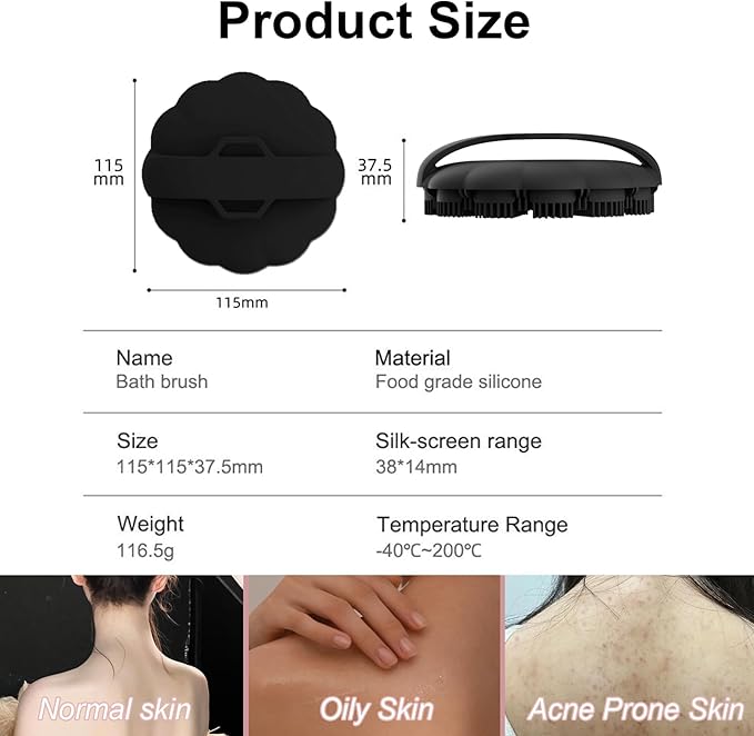 Silicone Body Scrubber Shower Brush, Exfoliating Body Wash Scrubbers for All Skin Types, Ergonomic No-Slip Handle, Body Brush for Showering (Black)