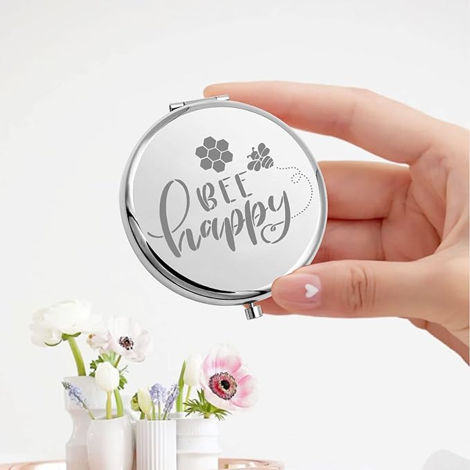 bobauna Bee Pocket Mirror with Bumble Honeybee Motivational Gift Bee Happy Makeup Mirror for Women (Bee Happy -M)