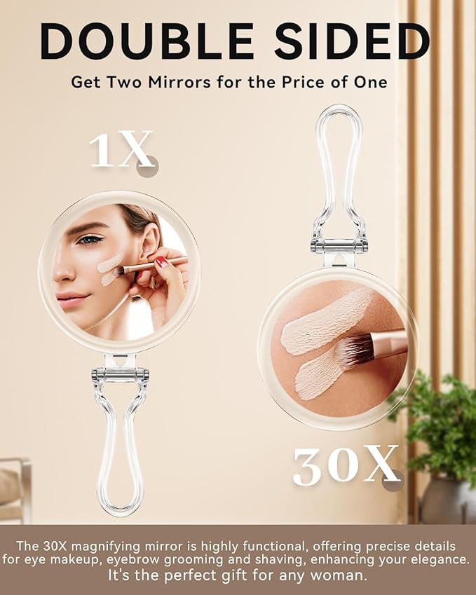 1X/30X Magnifying Mirror for Travel with Handle, Double Sided Hand Mirror with 1X/30X Magnification and Tweezers, Foldable Portable Handheld Magnifying Mirror for Makeup, Shaving, Travel