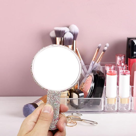 LOPURO Sparkling Rhinestone Round Shaped Handheld Mirror, Rhinestone Handheld Round Mirror Bling Glitter Cute Cosmetic Hand Mirror with Handle Portable Makeup Mirror for Women Travel