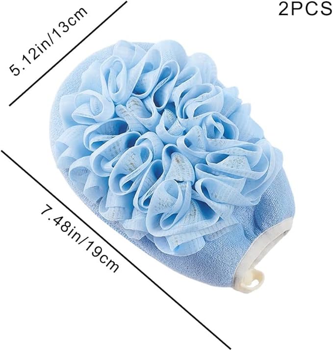 2 Pcs Bath Shower Pouf Sponge Loofah Sponge Shower Loofah 2 in 1 Exfoliating Mesh Pouf Sponge Loofah Bath Glove with Elastic Hand Strap for Women Men Kid Bathroom