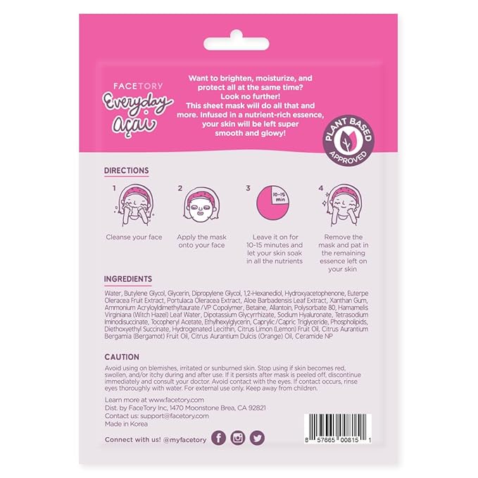 FACETORY K Beauty Face Mask Skin Care - EVERYDAY 8 COLLECTION Sheet Mask Set | Natural Premium Korean Face Mask For All Skin Types - No Sulfates No Parabens (8 pc)