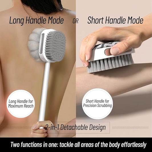 2-in-1 Shower Back Brush – Dual-Sided Scrubber with Soft Bristles & Loofah Sponge, Detachable Handle for Daily Bathing, Gentle and Travel-Friendly