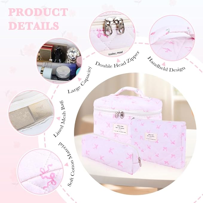 3Pcs Cotton Quilted Makeup Bag Set,Large Floral Cosmetic Bag,Aesthetic Toiletry Travel Makeup Bag Set and Cute Flower Bag for Women Girls (Pink Bow)