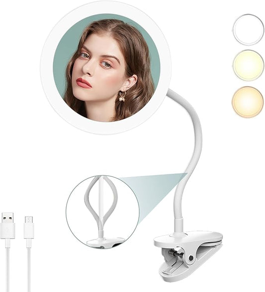 6.5" Clip On Gooseneck Makeup Vanity Mirror With Light, 2000mAh USB Lighted Travel Mirror, White 1X