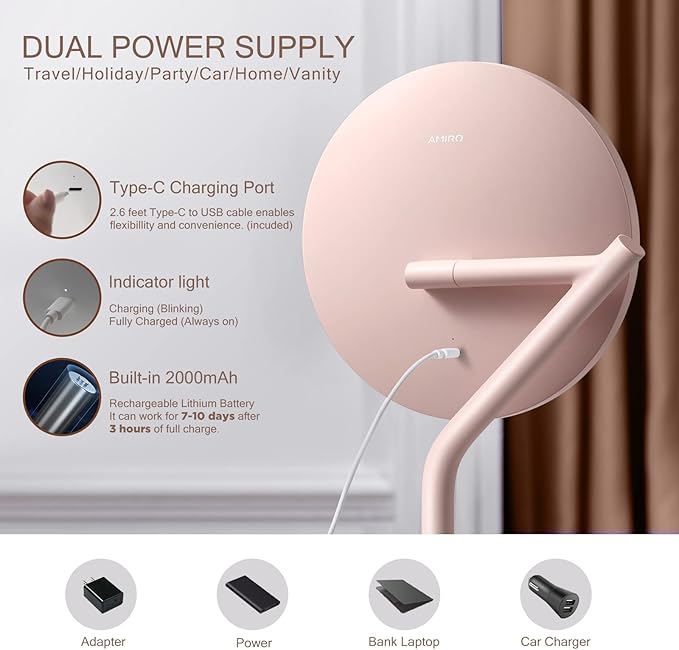 AMIRO Professional 8" LED Lighted Makeup Mirror with 5-Level Brightness, with 5X Magnifying Small Mirror, Tabletop Rechargeable Cosmetic Mirror with Touch Control 180°Rotation