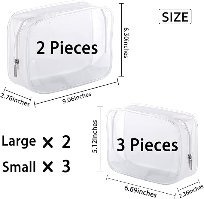 5 Pack Clear Plastic Zippered Toiletry Carry Pouch TSA Approved Toiletry Bag Portable Cosmetic Makeup Bag for Vacation, Bathroom and Organizing (White, Small/Large)
